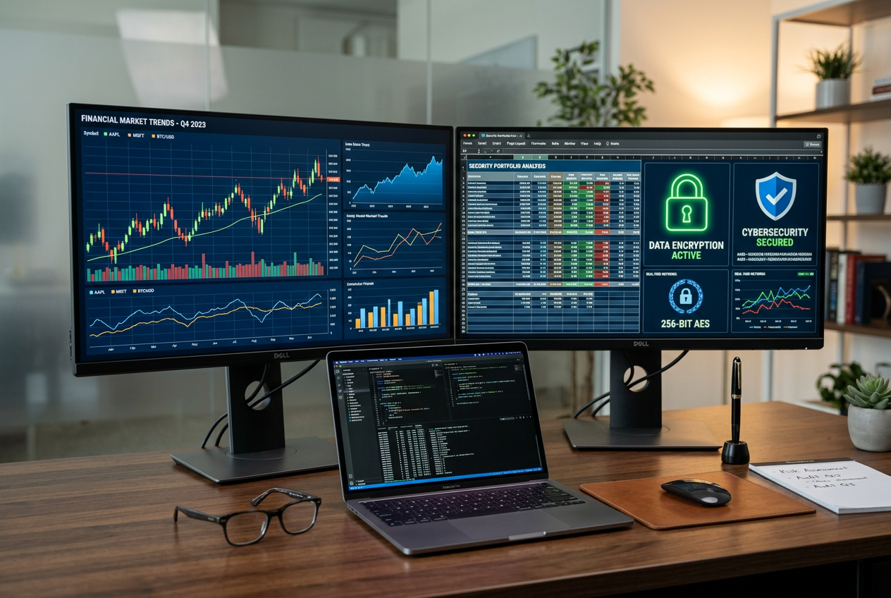 A clean, technical setup showing data security and financial analysis on multiple monitors.
